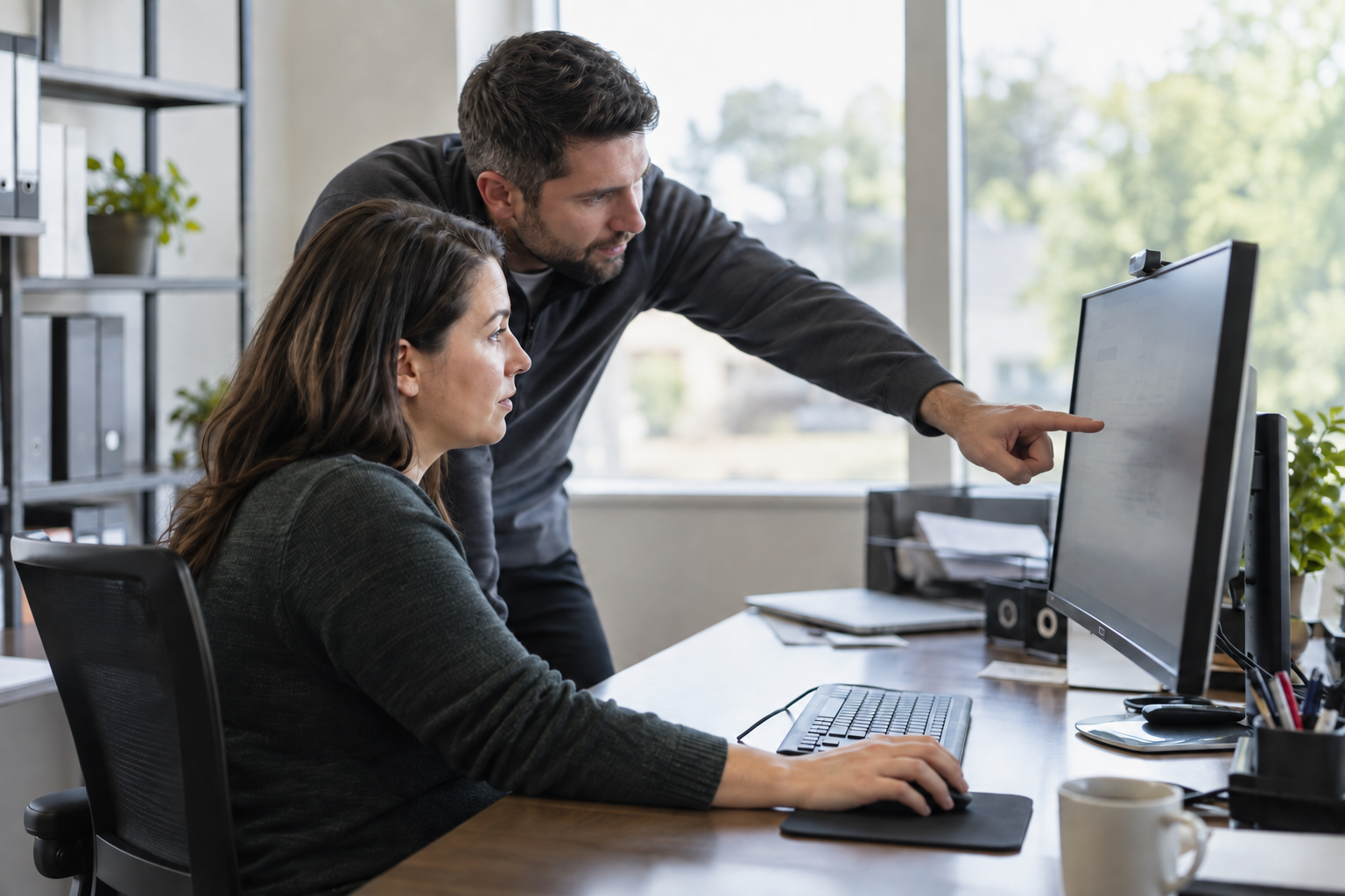 A technician helping an employee at an office workstation