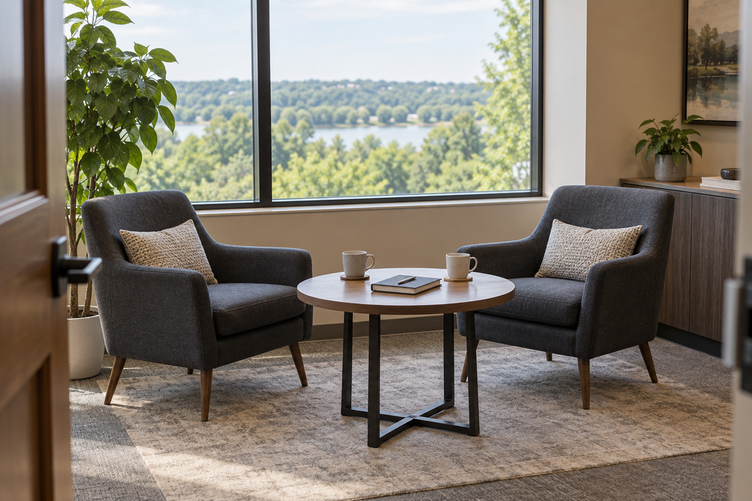 Illustrative meeting space with two chairs and coffee for a conversation