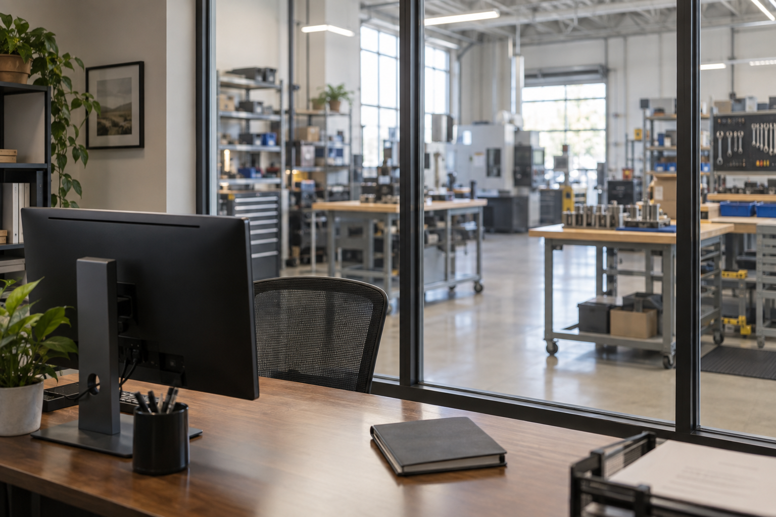 Illustrative office overlooking a small manufacturing workshop