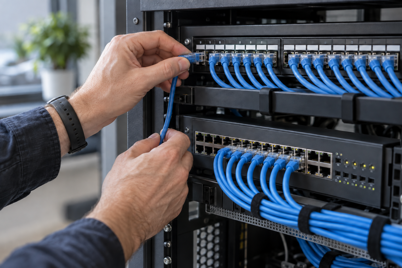 Illustration of a technician connecting blue Ethernet cables in a network rack