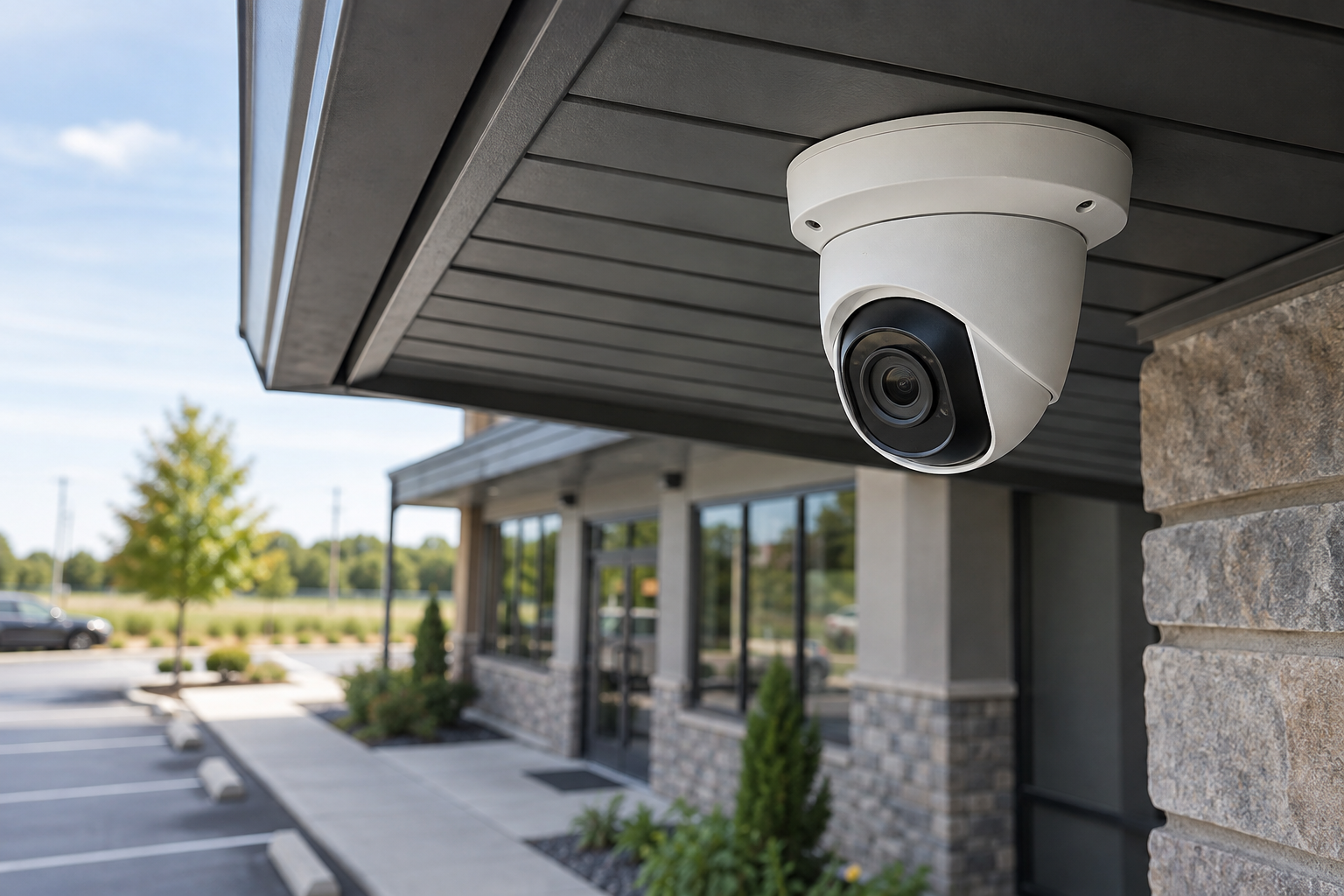An exterior security camera mounted on a business building